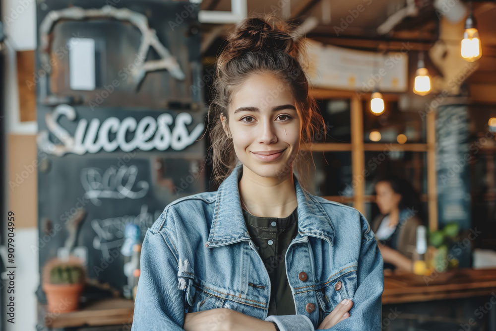 A person stands confidently in front of a business sign with the word A person stands confidently in front of a business sign with the word