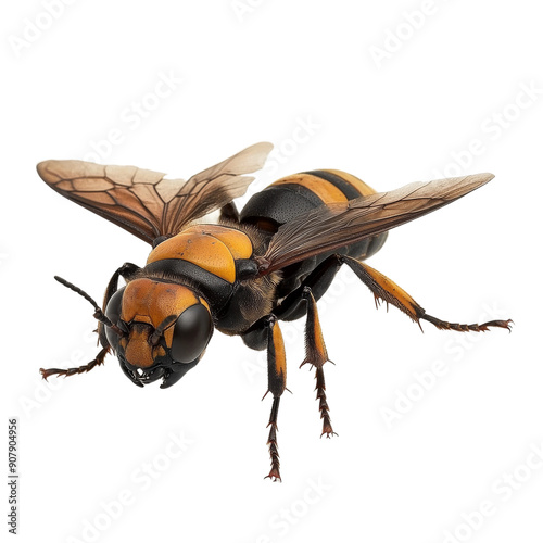 A detailed examination of an Asian Giant Hornet showcasing its distinctive features while resting on a surface photo