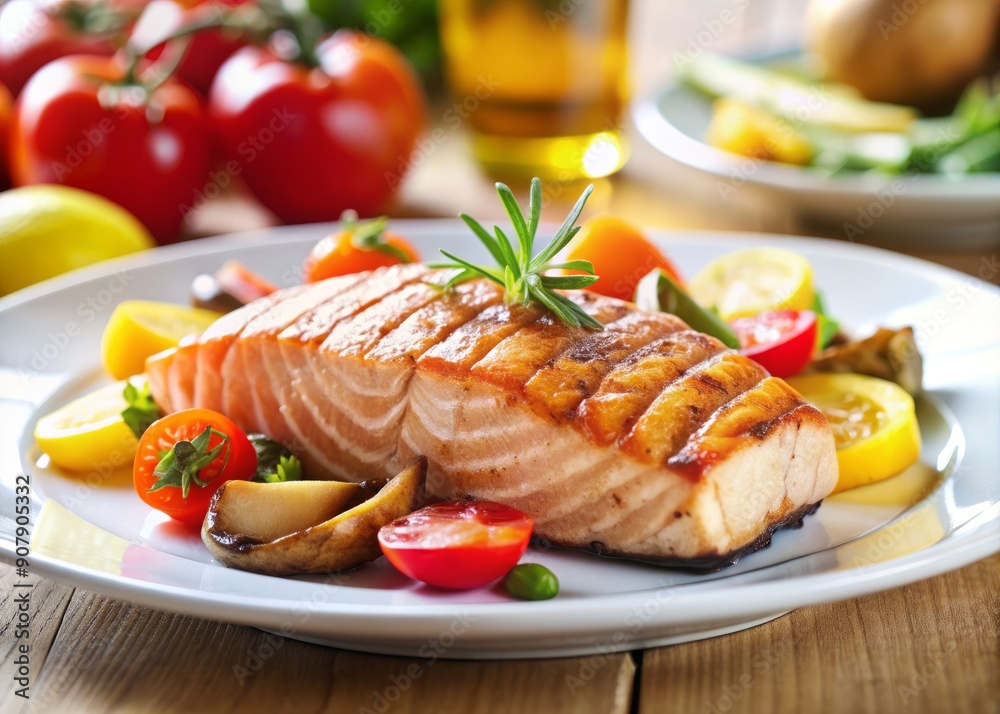 Freshly prepared mouthwatering dish of grilled salmon steak with roasted vegetables placed on a clean white plate against a blurred kitchen background.