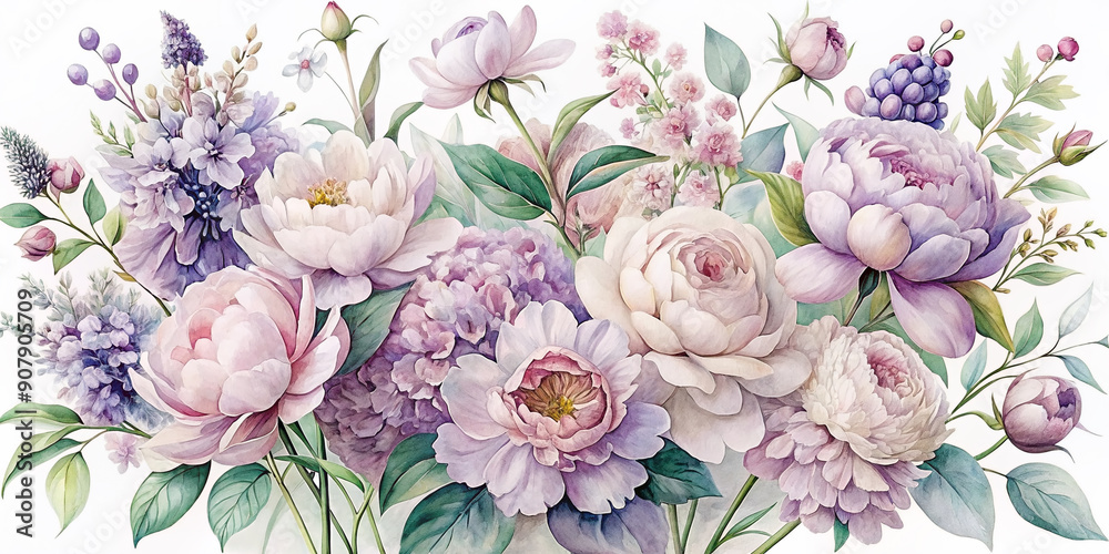 Delicate watercolor flowers bloom in soft pastel hues as a beautiful bunch of lilacs and peonies unfold against a crisp white background, exuding elegance. Delicate watercolor flowers bloom in soft pastel hues as a beautiful bunch of lilacs and peonies unfold against a crisp white background, exuding elegance.