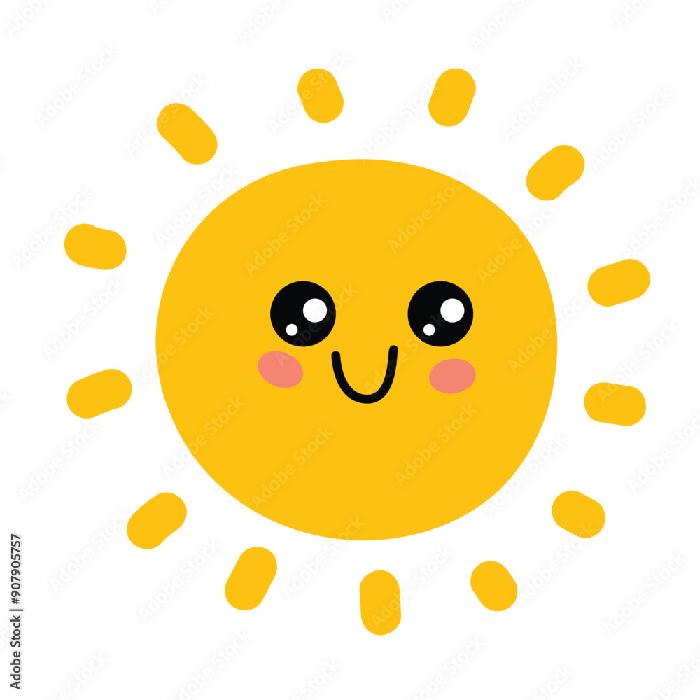 Kawaii happy smiling sun isolated on white background, flat simple vector illustration. Cute summer sunshine emoji, doodle style icon Kawaii happy smiling sun isolated on white background, flat simple vector illustration. Cute summer sunshine emoji, doodle style icon