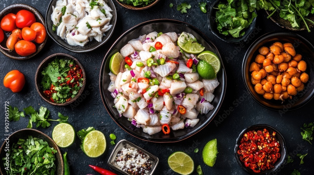 Peruvian ceviche with fresh fish, lime, and chili, arranged beautifully from above. Peruvian ceviche with fresh fish, lime, and chili, arranged beautifully from above.