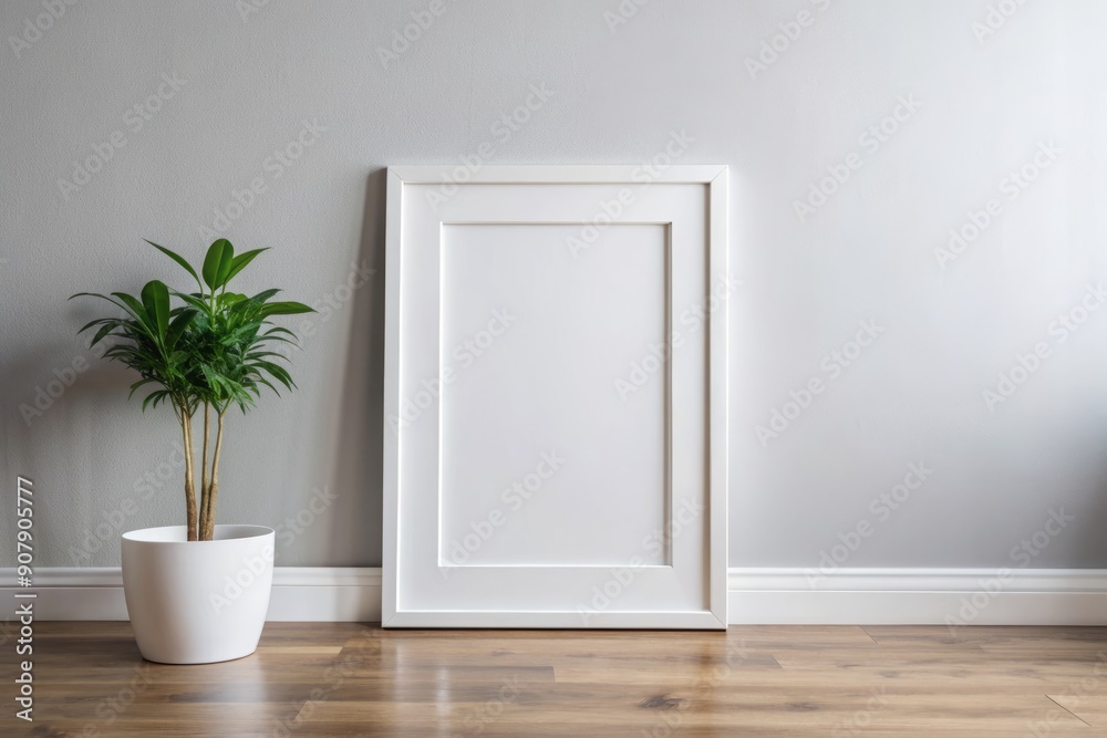Lonely white-framed poster on a white wall in a modern interior space, awaiting customization, evoking a sense of simplicity and minimalistic domestic decor.