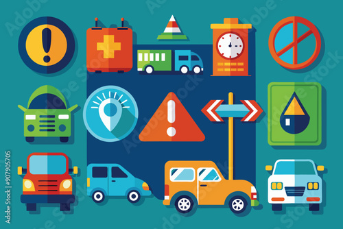 Flat Design Illustration of Various Traffic and Road Signs and Vehicles