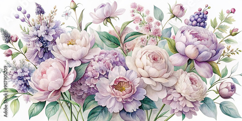 Delicate watercolor flowers bloom in soft pastel hues as a beautiful bunch of lilacs and peonies unfold against a crisp white background, exuding elegance.