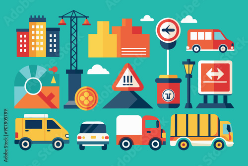 Cityscape with Vehicles, Signs, and Construction Equipment