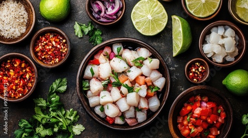Peruvian ceviche with fresh fish, lime, and chili, arranged beautifully from above.
