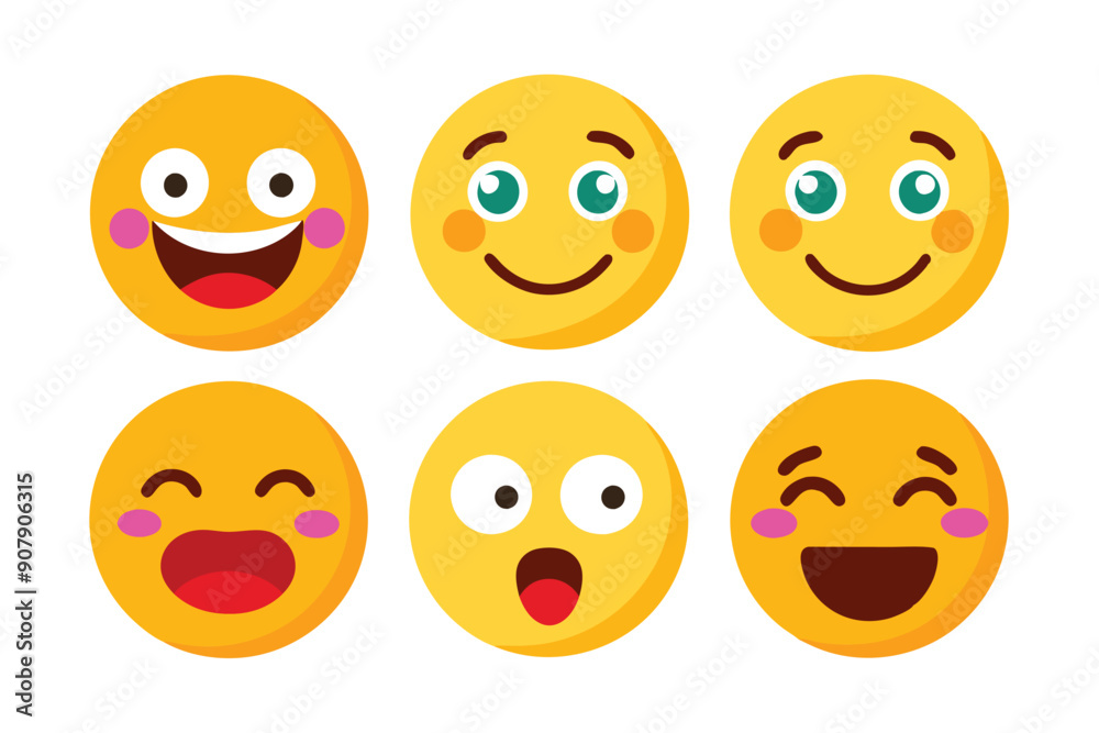 Six Yellow Emojis with Various Facial Expressions