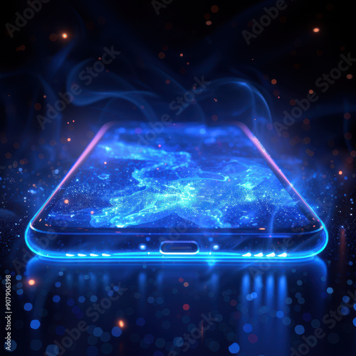 A futuristic smartphone with a glowing holographic display emitting blue light on a dark background. Concept of advanced technology and innovation photo