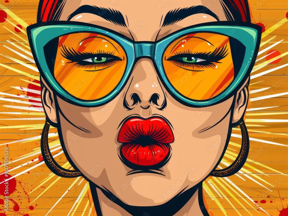 A medium high shot of the face with solid color glasses, with red lipstick and earrings A medium high shot of the face with solid color glasses, with red lipstick and earrings