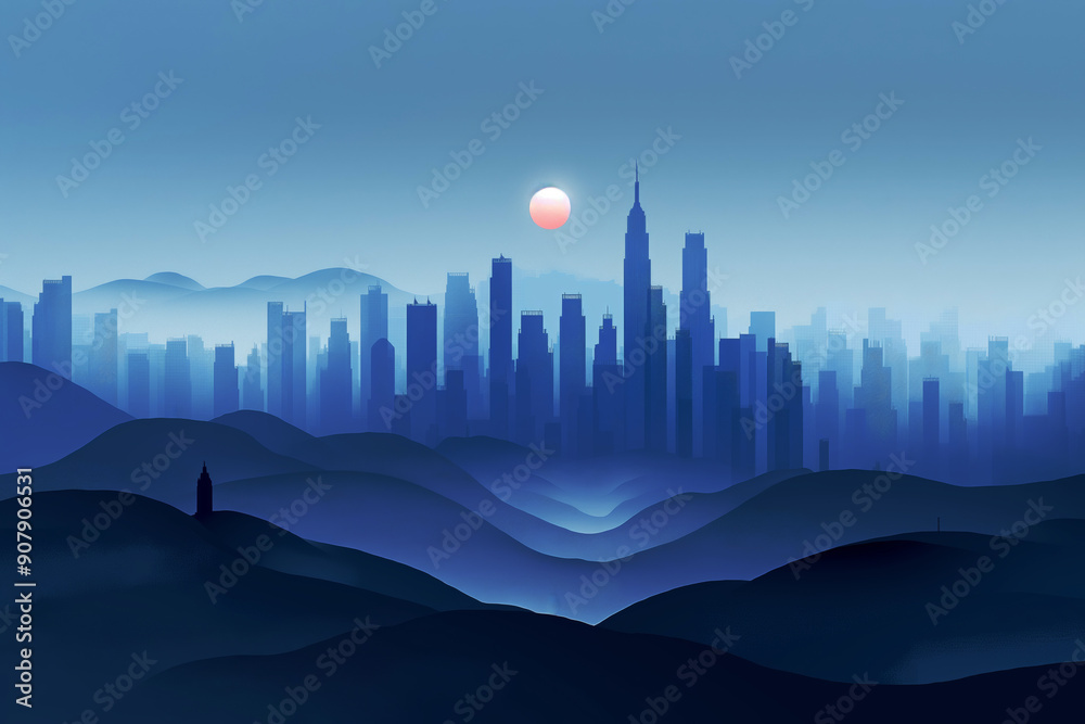 landscape illustration of depressed modern urban city with skyscrapers