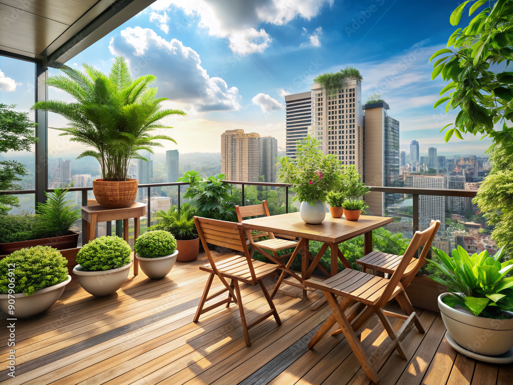 Obraz premium Serene apartment balcony oasis featuring lush green plants, wooden table and chairs, and stunning cityscape views, evoking feelings of relaxation and urban tranquility.