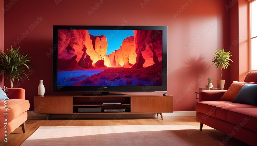 A modern television is broadcasting a movie on a wide screen A modern television is broadcasting a movie on a wide screen