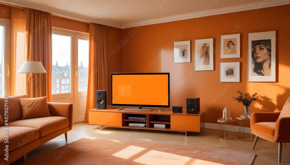 Fototapeta premium A modern television is broadcasting a movie on a wide screen