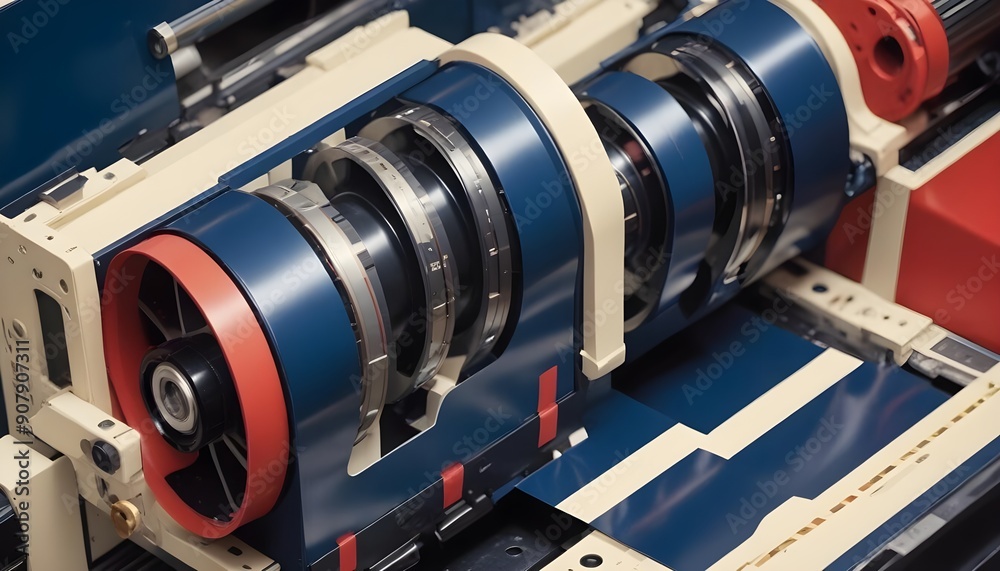 Fototapeta premium A modern printing press produces multi colored printouts accurately