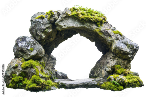 A unique natural rock arch stands isolated in a vibrant forest, draped in moss and surrounded by greenery, showcasing nature's artistry photo