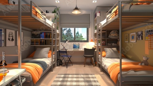 Modern Bunk Bed Dorm Room Interior Design. photo