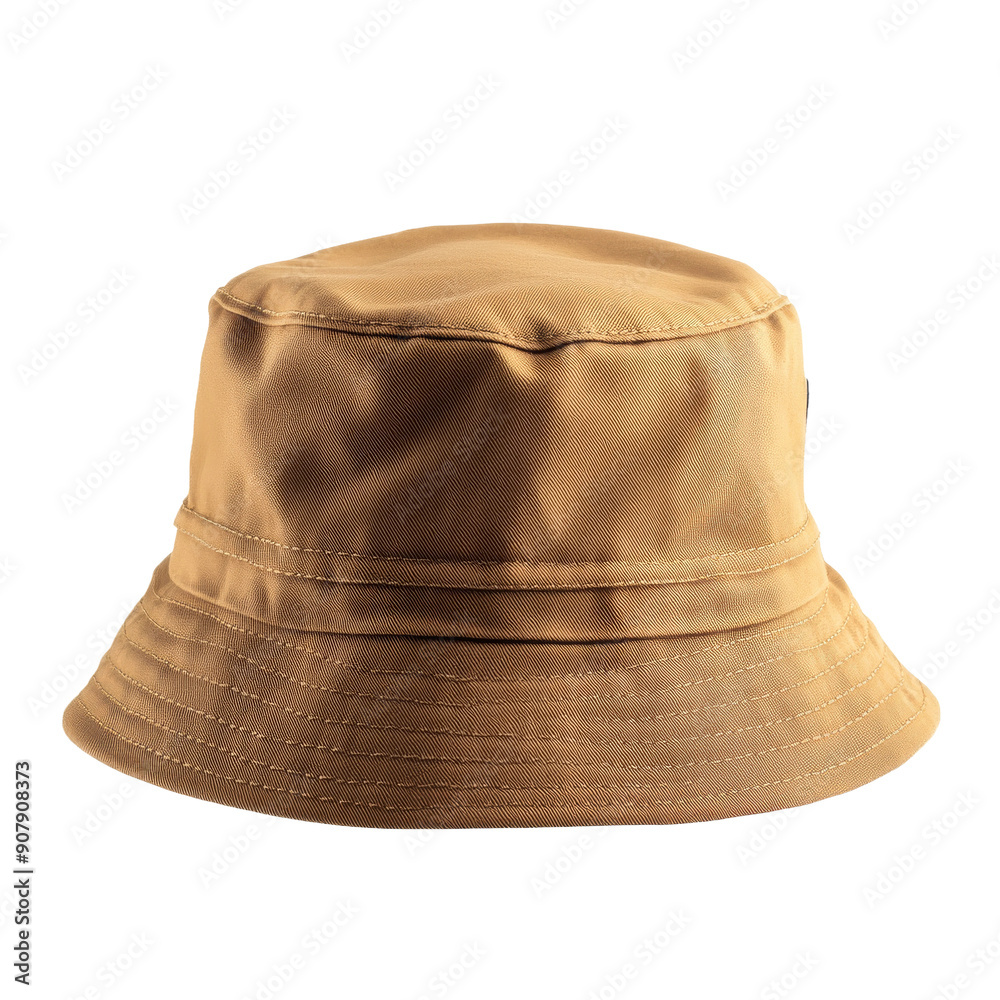 A light brown bucket hat is placed alone against a white backdrop, showcasing its style and versatility for various outdoor pursuits A light brown bucket hat is placed alone against a white backdrop, showcasing its style and versatility for various outdoor pursuits
