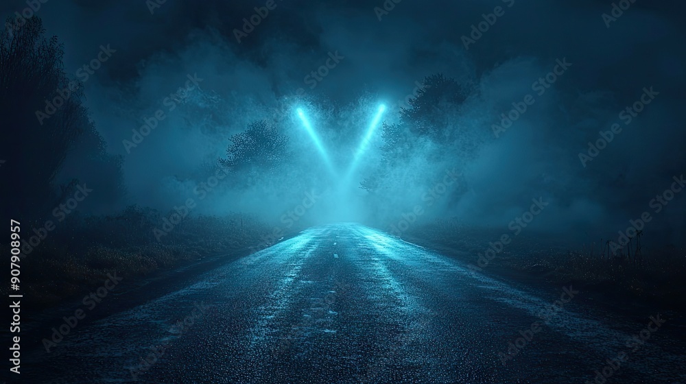 Blue dark background of the empty foggy street with wet asphalt, illuminated by a searchlight, laser beams, smoke Blue dark background of the empty foggy street with wet asphalt, illuminated by a searchlight, laser beams, smoke