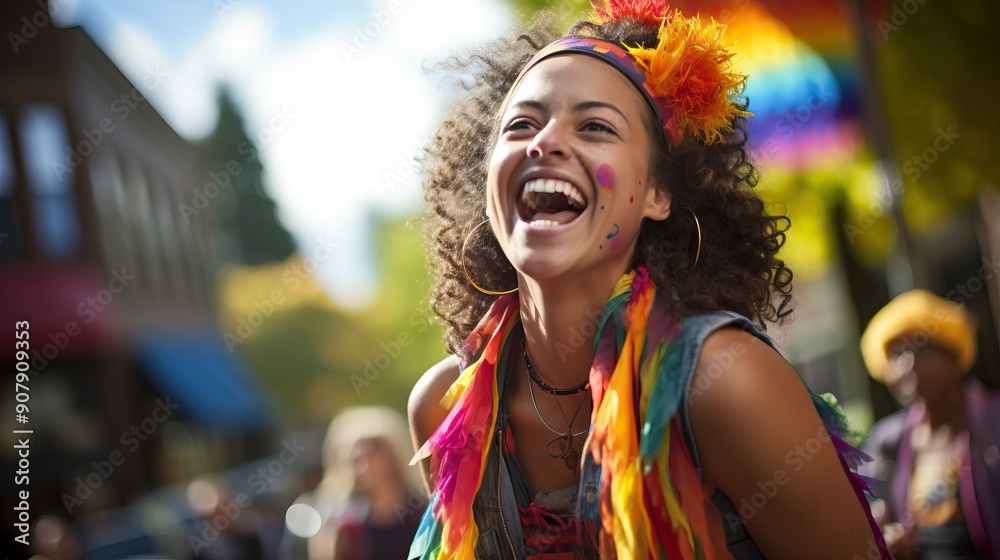 Young woman with vibrant smile and colorful attire enjoys a lively celebration, radiating joy and inclusivity. Young woman with vibrant smile and colorful attire enjoys a lively celebration, radiating joy and inclusivity.