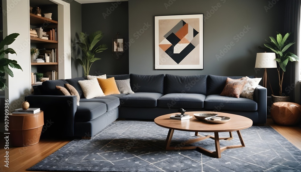 Fototapeta premium A modern indoor living room has a comfortable sofa