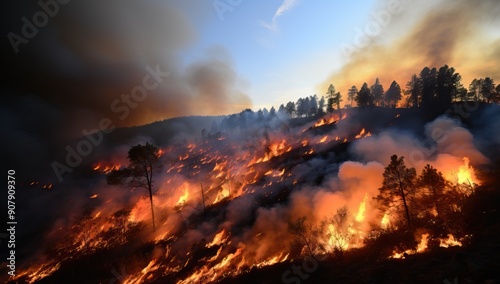 Raging wildfire burning through a forest, engulfing trees in flames and generating thick smoke. Environmental disaster and climate change concept.