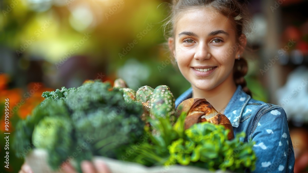 Young woman holding a paper bag full of fresh vegetables at a farmers market. Healthy eating and organic food concept. Young woman holding a paper bag full of fresh vegetables at a farmers market. Healthy eating and organic food concept.
