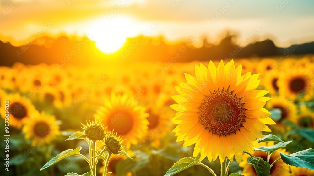 Fototapeta premium Sunflowers in a field at sunset. Beautiful landscape of blooming sunflowers bathed in golden light.