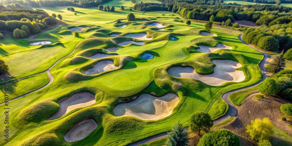 Serene aerial view of a golf course showcasing geometric sand traps in sharp contrast to lush green fairways, creating a stunning visual harmony. Serene aerial view of a golf course showcasing geometric sand traps in sharp contrast to lush green fairways, creating a stunning visual harmony.