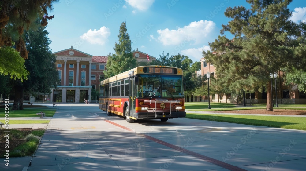 Obraz premium Red Bus Driving on Campus.