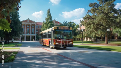 Red Bus Driving on Campus.