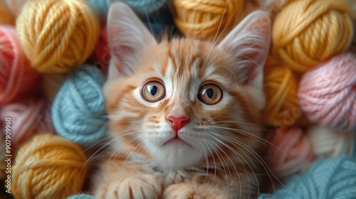 Wallpaper Mural Adorable orange kitten surrounded by colorful yarn balls, capturing a playful and curious moment in vibrant detail. Torontodigital.ca