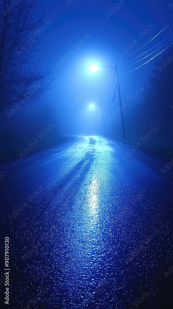 Blue dark background of the empty foggy street with wet asphalt, illuminated by a searchlight, laser beams, smoke Blue dark background of the empty foggy street with wet asphalt, illuminated by a searchlight, laser beams, smoke