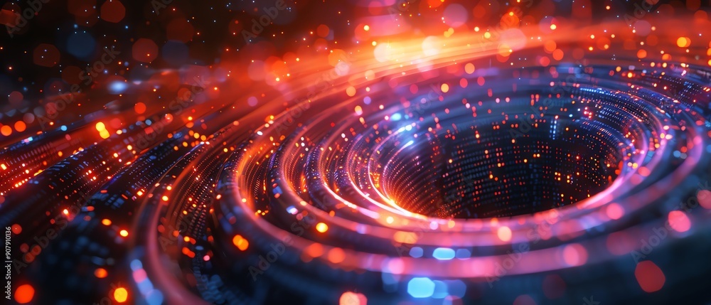 Abstract data vortex, glowing circuits, perspective view, hightech dynamic motion Abstract data vortex, glowing circuits, perspective view, hightech dynamic motion