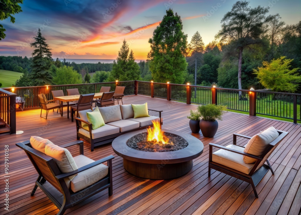 An outdoor deck equipped with a spacious gas fire pit that is openly designed. An outdoor deck equipped with a spacious gas fire pit that is openly designed.