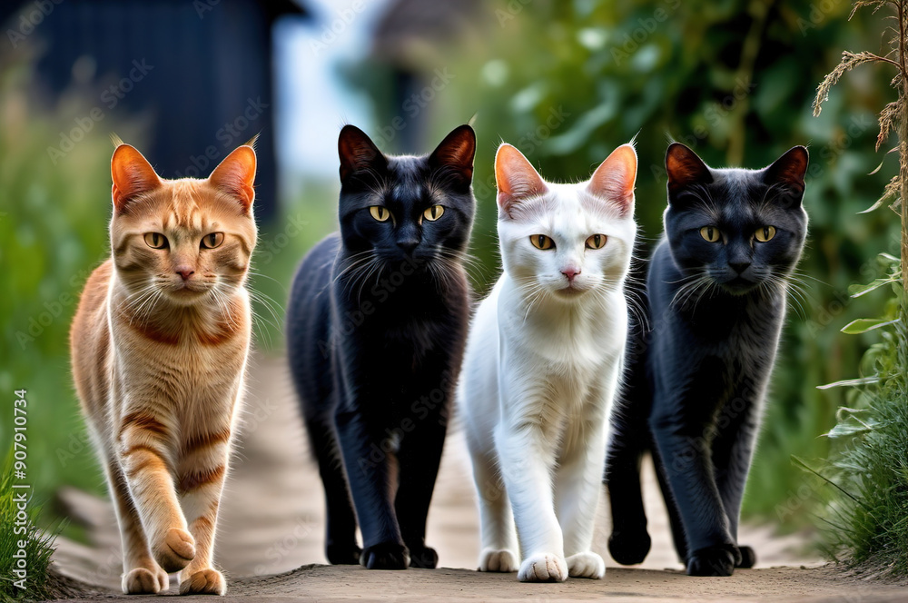 A gang of cats are walking in the open air. A gang of cats are walking in the open air.