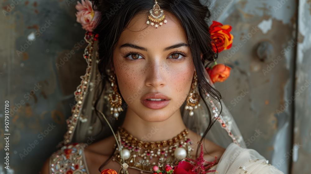 Close-up of a traditional bride adorned with intricate jewelry and flowers in her hair, set against a rustic background. Concept of cultural beauty Close-up of a traditional bride adorned with intricate jewelry and flowers in her hair, set against a rustic background. Concept of cultural beauty