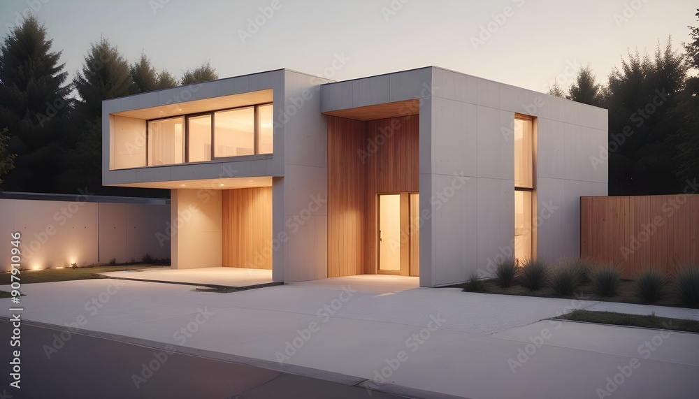 A modern small minimalist cubic house features wooden cladding and concrete walls, along with a driveway leading to the garage door in its residential architecture exterior A modern small minimalist cubic house features wooden cladding and concrete walls, along with a driveway leading to the garage door in its residential architecture exterior