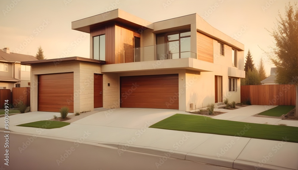 A modern small minimalist cubic house features wooden cladding and concrete walls, along with a driveway leading to the garage door in its residential architecture exterior A modern small minimalist cubic house features wooden cladding and concrete walls, along with a driveway leading to the garage door in its residential architecture exterior