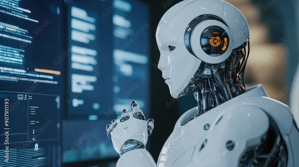 White Ai robot think and looking on monitor working, high-tech artificial intelligence robot concept, Generative Ai White Ai robot think and looking on monitor working, high-tech artificial intelligence robot concept, Generative Ai
