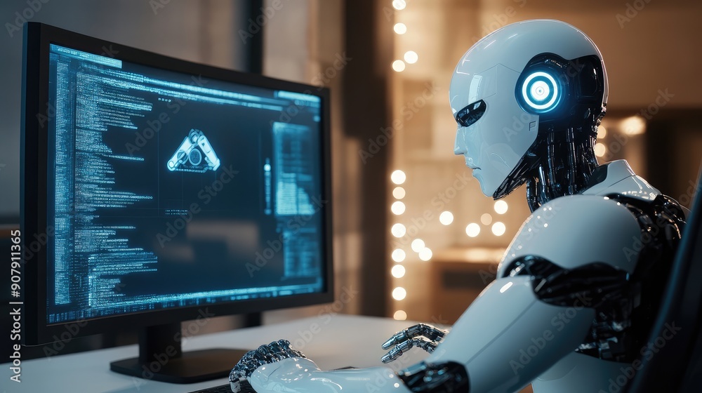 White Ai robot think and looking on monitor working, high-tech artificial intelligence robot concept, Generative Ai White Ai robot think and looking on monitor working, high-tech artificial intelligence robot concept, Generative Ai