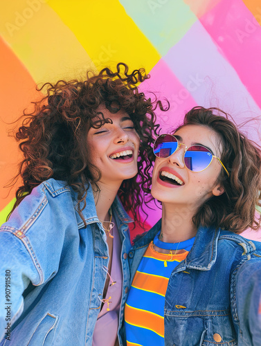 Two trendy friends in denim jackets taking a playful selfie with pastel color abstract background, showcasing a cheerful and bright Instagram story atmosphere.
