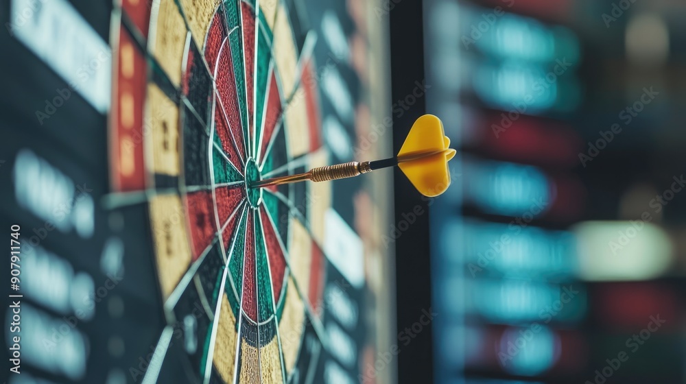 Dart Stuck on Target with Stock Market Background Dart Stuck on Target with Stock Market Background
