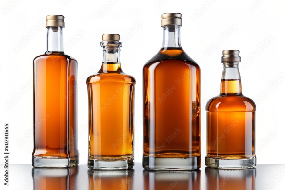 Four distinct whiskey bottles with varied shapes and sizes stand in a row, devoid of labels, against a transparent PNG background, exuding sophistication and elegance. Four distinct whiskey bottles with varied shapes and sizes stand in a row, devoid of labels, against a transparent PNG background, exuding sophistication and elegance.