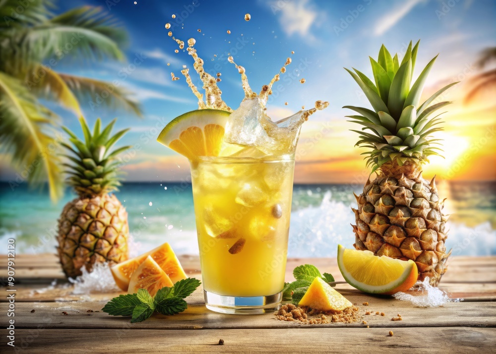 summer mixed refreshing drink with ice and pineapple, sun and beach,Glass of splashing pineapple juice. Juicy exotic drink ,Winter warming drink with pieces of pineapple and spices summer mixed refreshing drink with ice and pineapple, sun and beach,Glass of splashing pineapple juice. Juicy exotic drink ,Winter warming drink with pieces of pineapple and spices