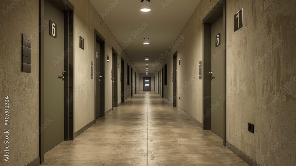 Hallway with Doors and Numbered Rooms. Hallway with Doors and Numbered Rooms.