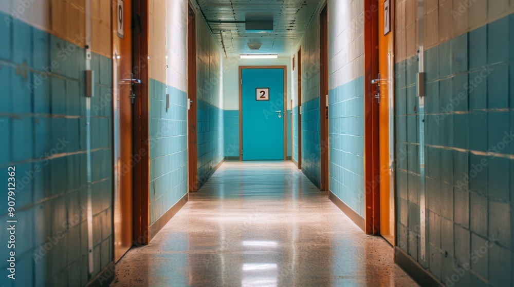 Empty Hallway With Blue Door. Empty Hallway With Blue Door.