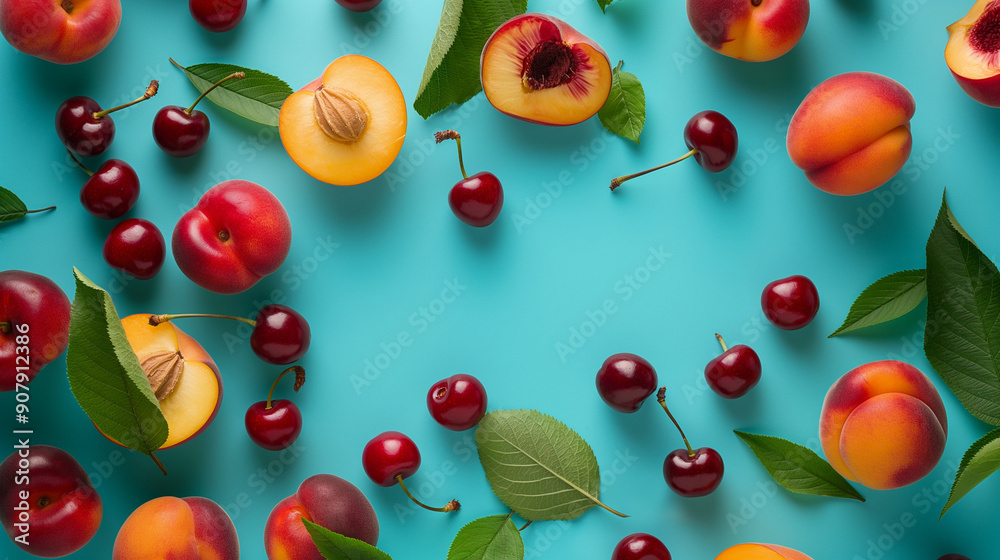 Fresh cherries and peaches with leaves scattered on a cyan background. Summer fruit assortment concept with vibrant colors and juicy textures. Fresh cherries and peaches with leaves scattered on a cyan background. Summer fruit assortment concept with vibrant colors and juicy textures.