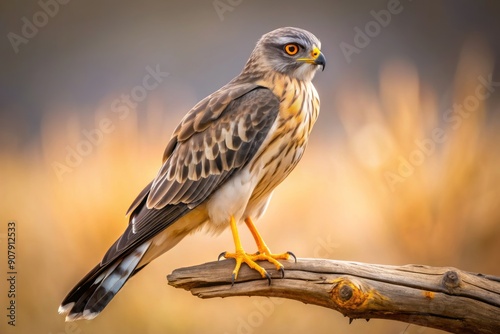 A majestic Montagu's Harrier rests on a weathered branch, its piercing gaze scanning the surroundings, feathers rustling softly in the gentle breeze of its natural habitat.