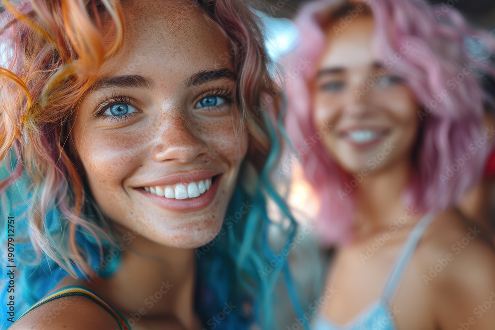 Fototapeta premium Smiling friends with colorful hair enjoying a sunny day outdoors, capturing a moment of joy and friendship